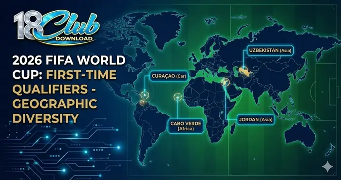 World map highlighting the geographic diversity of first-time qualifiers for the 2026 FIFA World Cup across Africa, Asia, and the Caribbean.