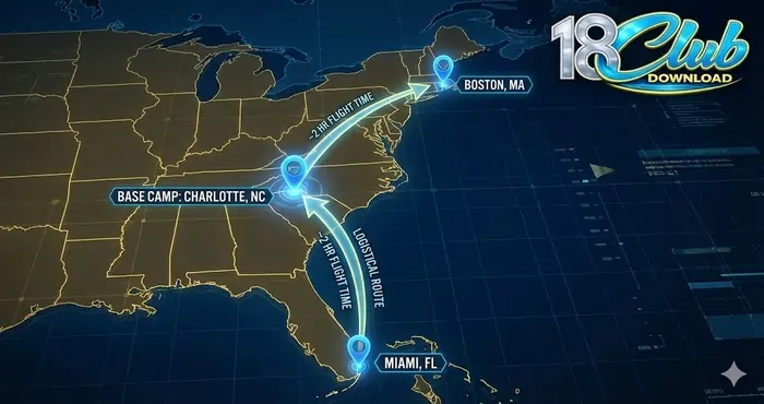 Tactical map showing the strategic flight paths from the Scotland Charlotte base camp 2026 to World Cup host cities Boston and Miami.