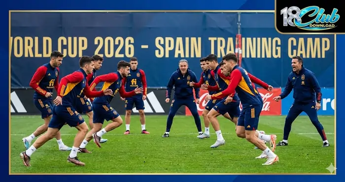Spanish national football team performing high-intensity defensive transition drills during a World Cup 2026 training camp session.