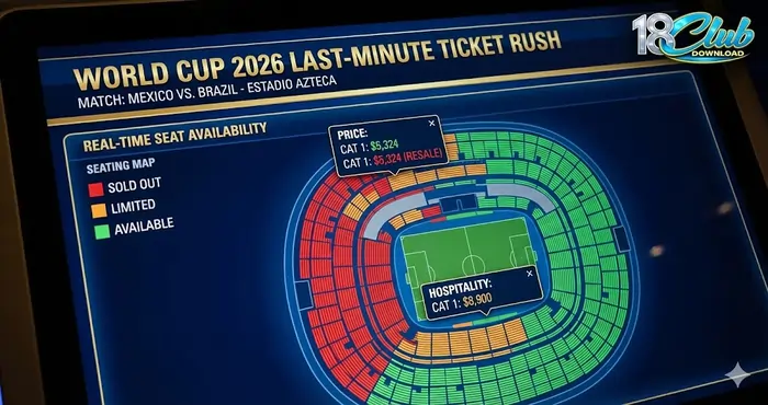 Digital interface displaying real-time seat availability and pricing maps for high-demand matches during the World Cup 2026 last-minute ticket rush.
