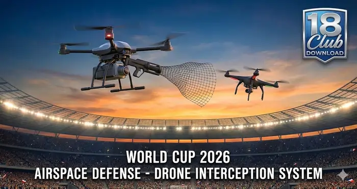 Autonomous DroneHunter security system intercepting a rogue drone over a World Cup 2026 stadium to ensure fan safety and airspace protection.