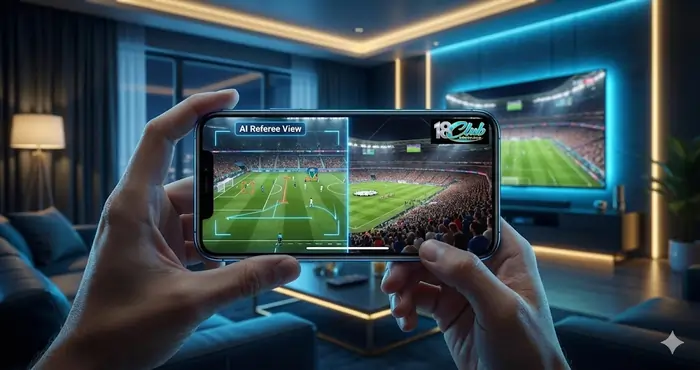 A fan using a smartphone to view a stabilized AI "Referee View" feed alongside a live broadcast of the World Cup 2026 opening match.