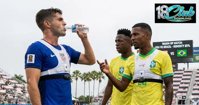 Elite football stars using cooling vests and biometric sensors during a high-humidity World Cup 2026 Warm-Up Match in the Florida corridor.