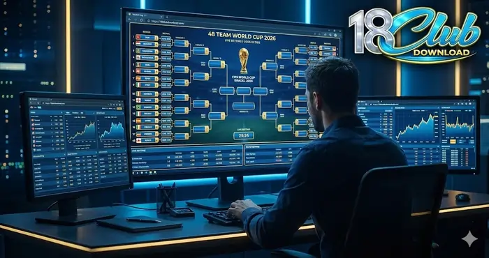 Professional bettor analyzing the 48-team bracket for World Cup 2026 betting and predictions on a multi-screen digital workstation.
