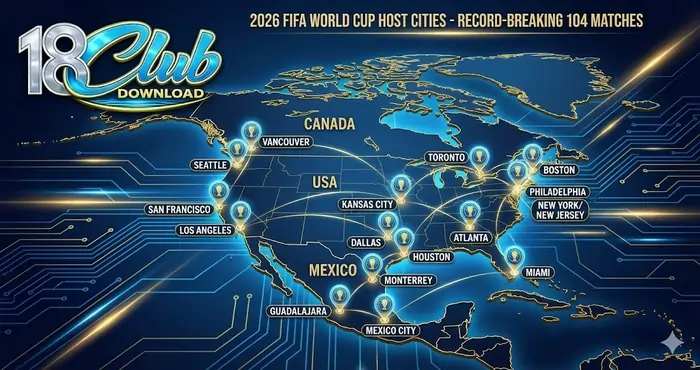 Geographical map highlighting the 11 US, 3 Mexican, and 2 Canadian host cities for the record-breaking 104 matches of the 2026 FIFA World Cup.