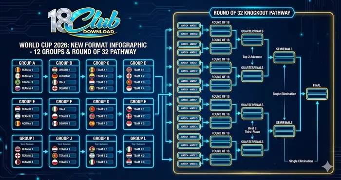 Comprehensive infographic showing 12 groups of four teams and the brand-new Round of 32 knockout pathway for the World Cup 2026 new format.