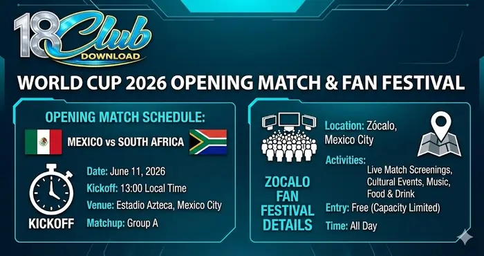 Infographic showing the World Cup 2026 opening match schedule for Mexico vs South Africa and the Zocalo Fan Festival details.