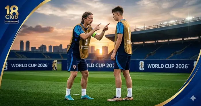 Veteran captain Luka Modrić mentoring a young teammate during a high-stakes training session ahead of the World Cup 2026 knockout rounds.