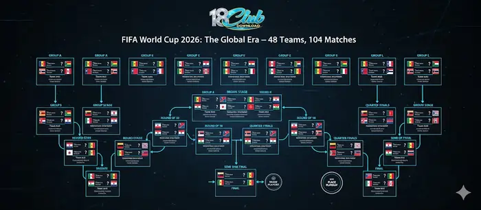 Detailed 2026 World Cup tournament bracket showing 12 groups of four teams and the expanded Round of 32 knockout pathway for 48 nations.