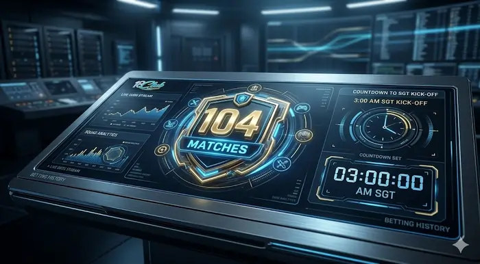 Digital dashboard showing 104 matches and SGT match scheduling for breaking world cup developments singapore.
