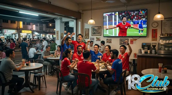 Singaporean fans celebrating latest world cup news and highlights at a local coffee shop during a 2026 live broadcast.