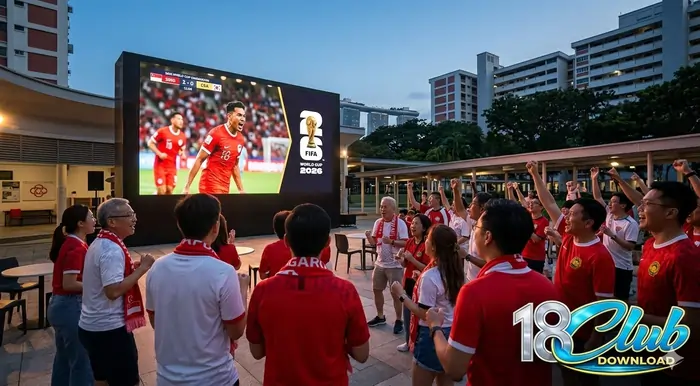 Singapore football fans watching world cup news live updates at a community screening event in the heartlands.